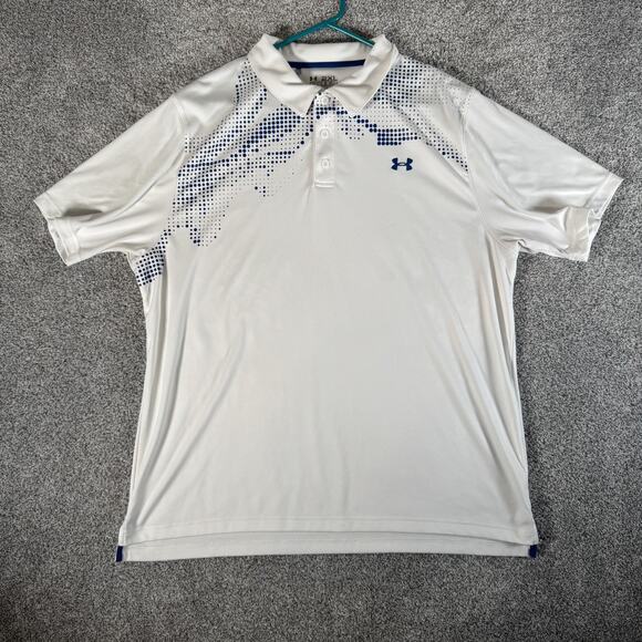 Under Armour Polo Shirt Mens 2XL White Blue HeatGear Performance Golf Athletic - Picture 1 of 9